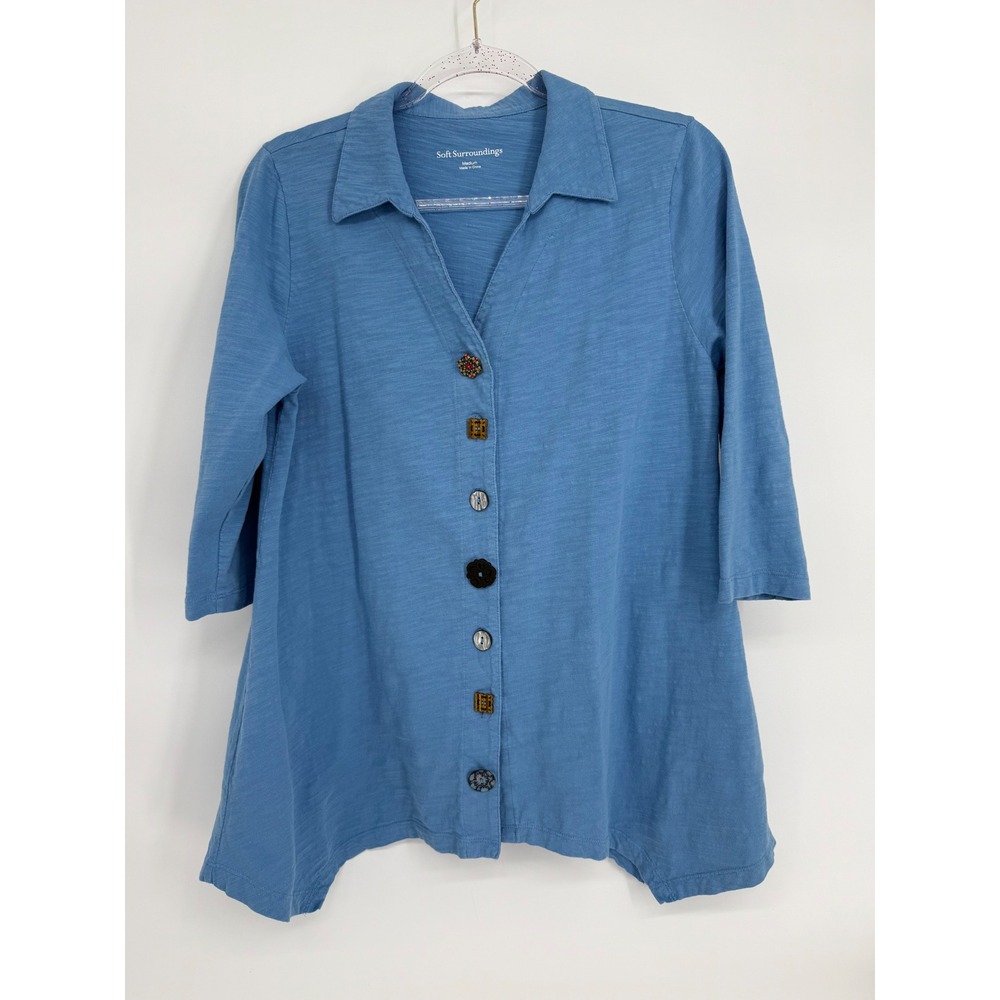Soft Surroundings Blue Slub Cotton Mismatched Button Tunic Top Sz M